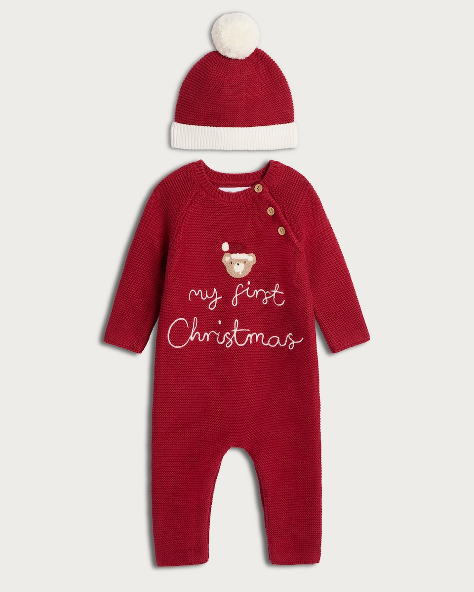 image 1 of F&F Baby 2-Piece Pure Cotton Knitted Onesie and Hat Set in Red