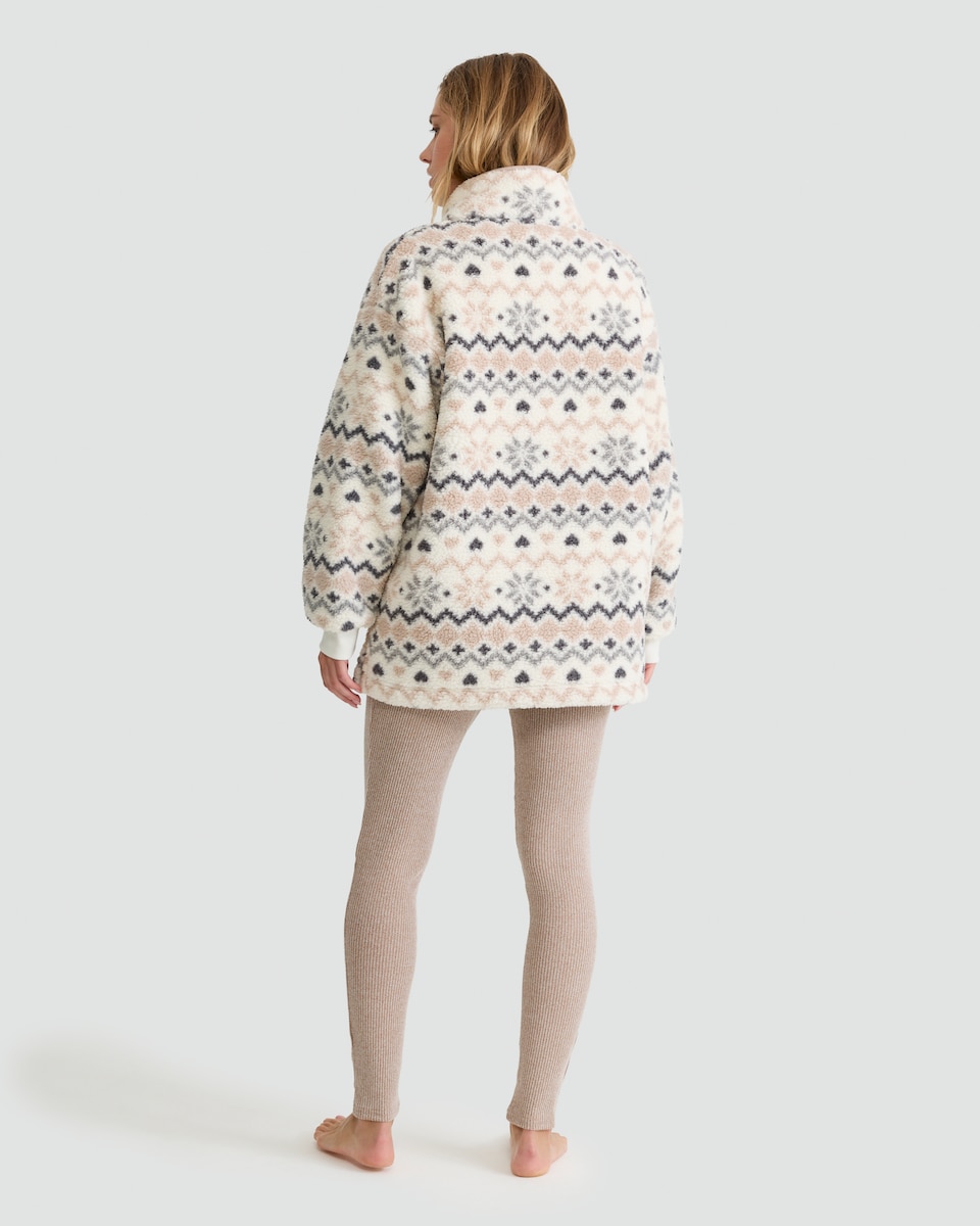 image 1 of F&F Borg Fair Isle Half Zip Jumper and Ribbed Leggings Pyjama in Cream