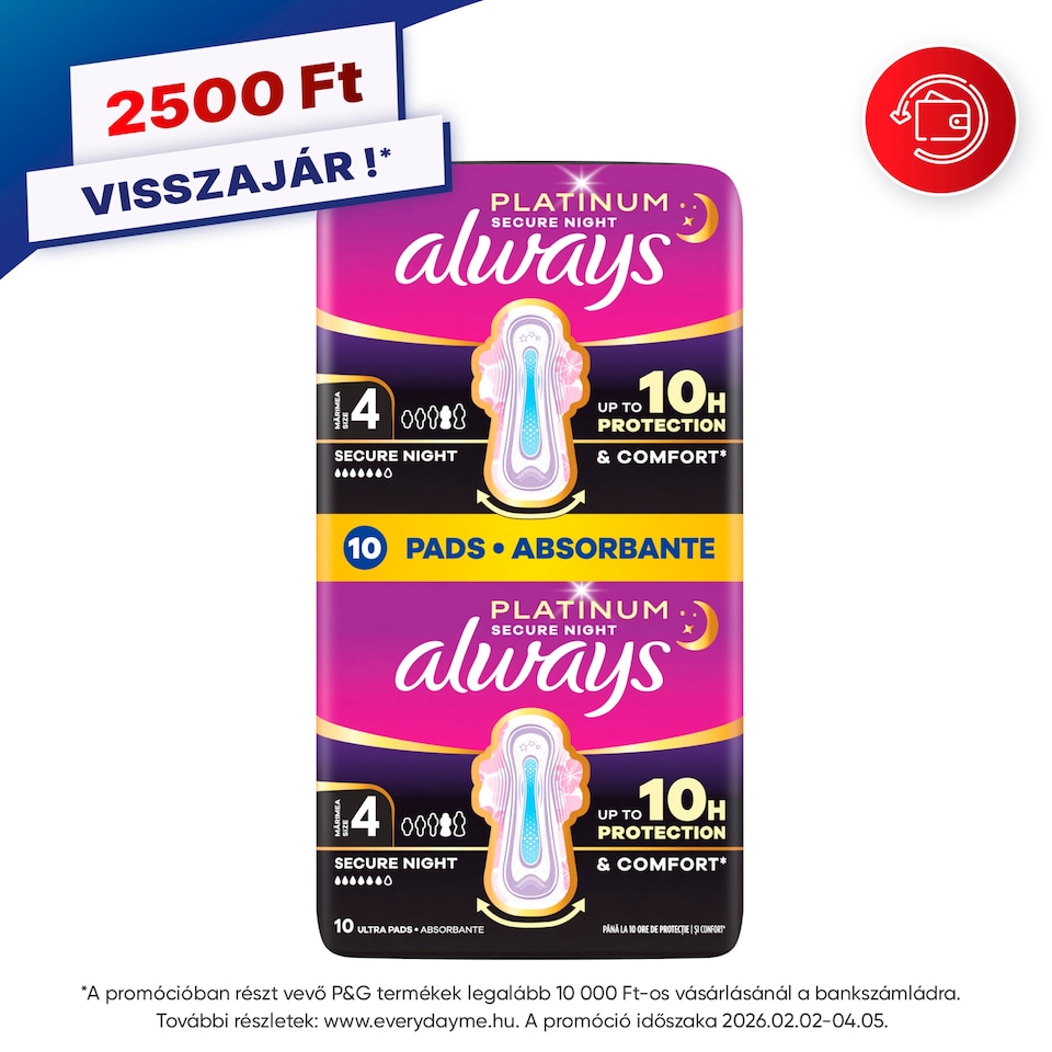 Always Platinum Egészségügyi Betét Secure Night (4-es méret), 10 db Betét  1. kép