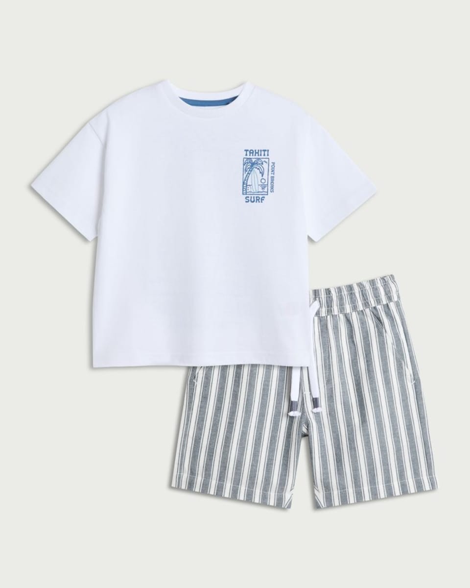image 1 of F&F Boys 2-Piece Pure Cotton Surf Slogan T-Shirt and Striped Shorts Set in Blue