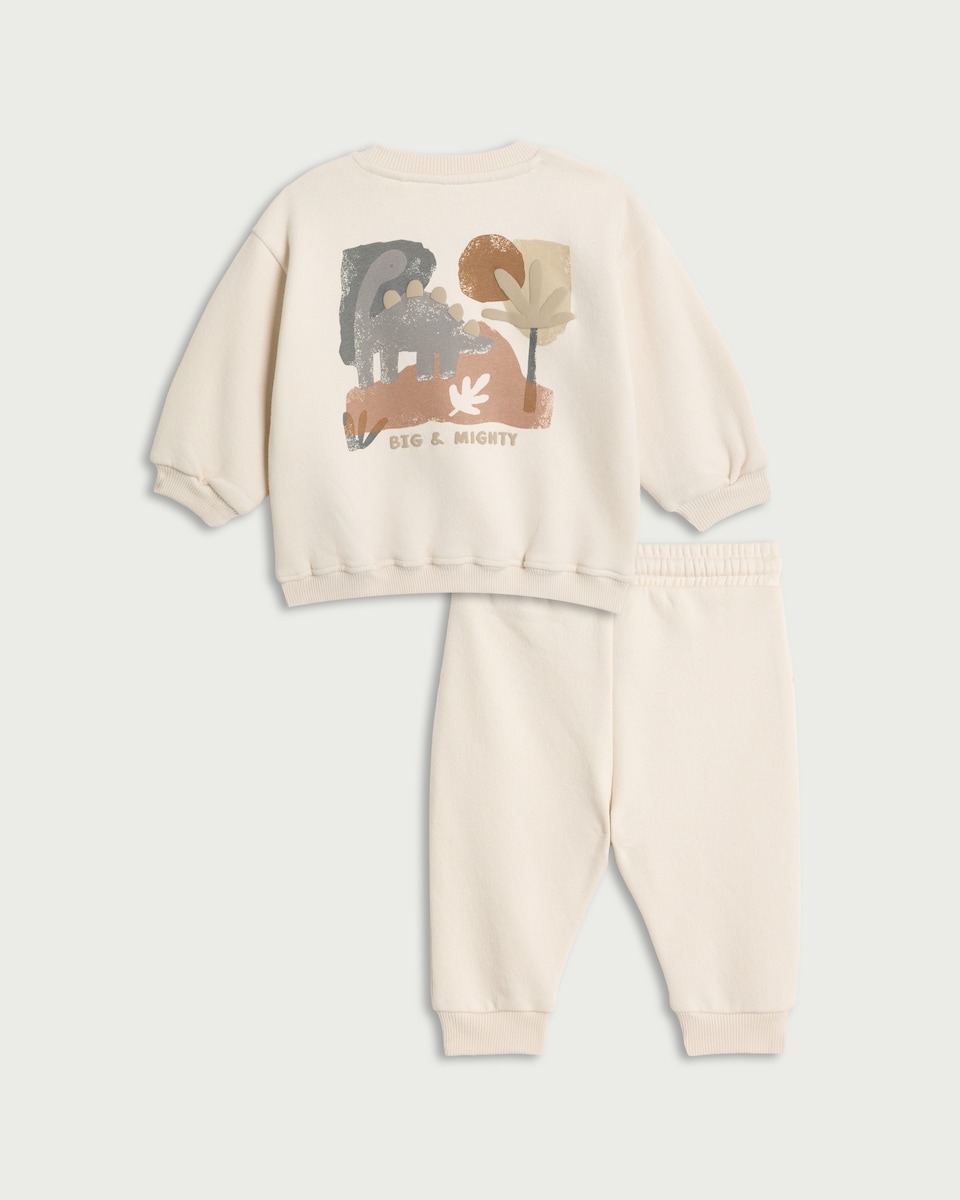 image 1 of F&F Baby 2-Piece Cotton Rich Dinosaur Print Sweatshirt and Joggers Set in Neutral