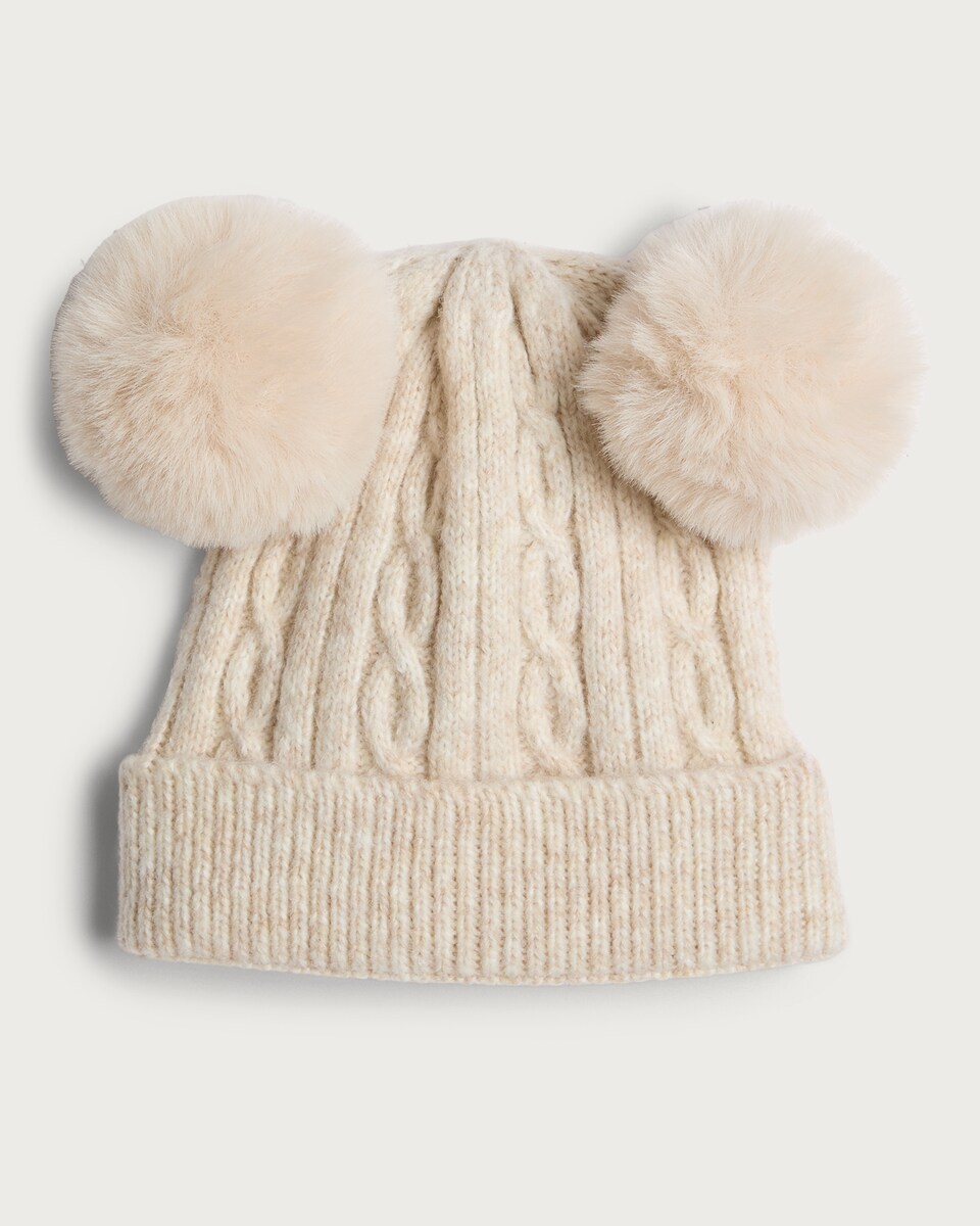image 1 of F&F Girls Cable Knit Pom Pom Hat in Neutral
