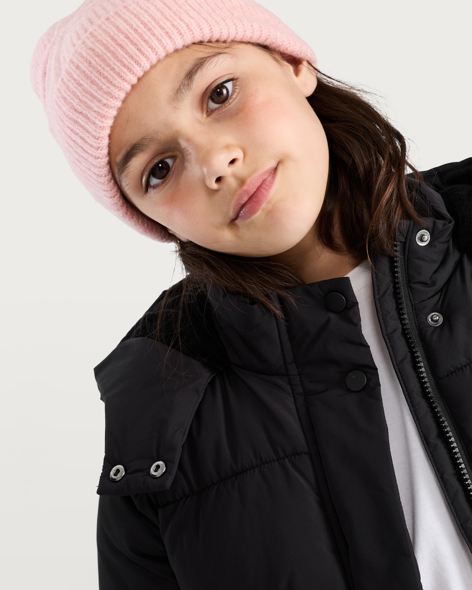 image 1 of F&F Girls Hooded Shower Resistant Puffer Coat in Black