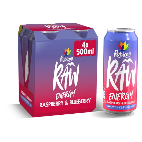 Rubicon Raw Energy Raspberry /Blberry 4X500ml Tesco Groceries