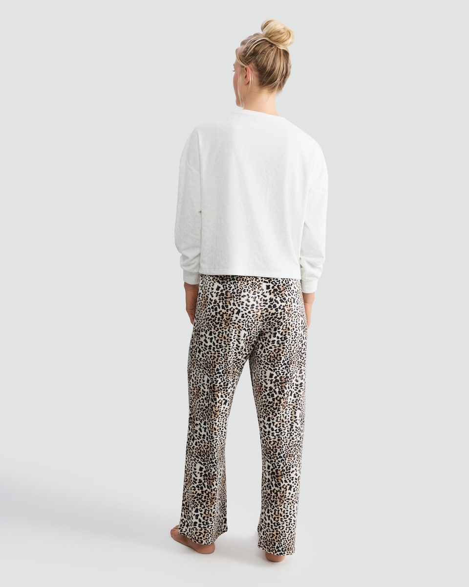 image 1 of Hello Kitty 2-Piece Leopard Print Fleece Pyjamas Set in Beige