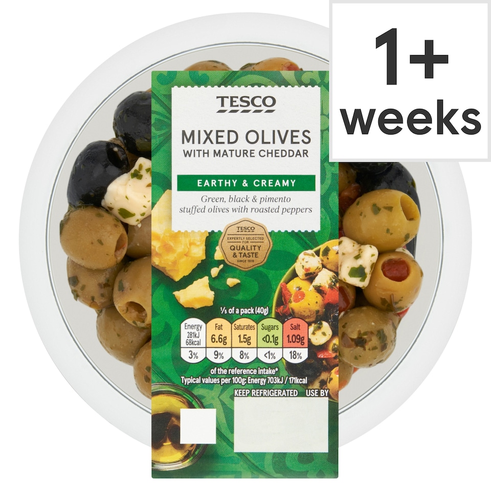 Tesco Mixed Olives With Mature Cheddar 200g