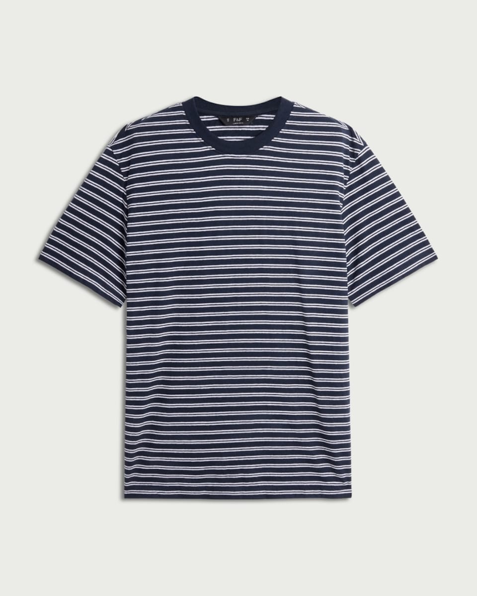 image 1 of The F&F Edit Linen Rich Striped T-Shirt in Navy
