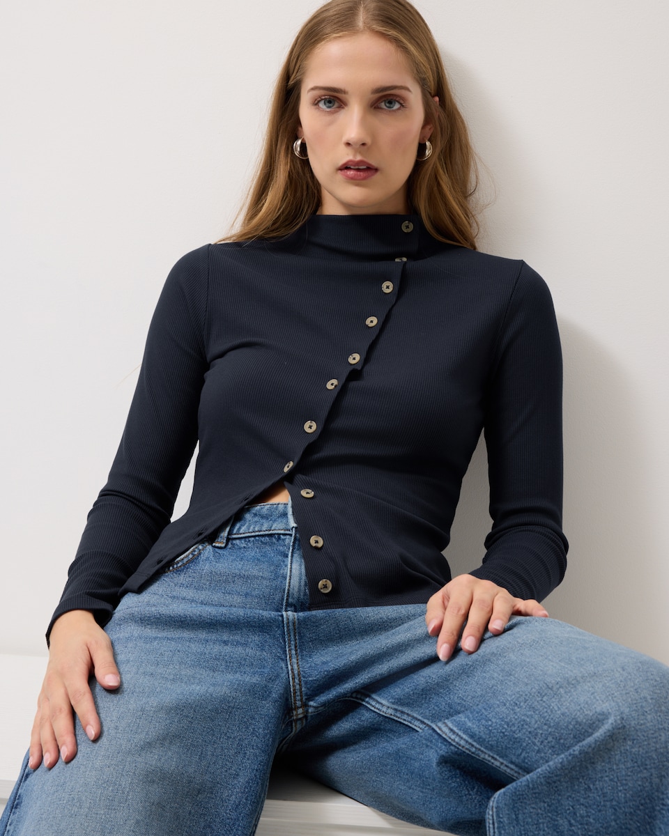 image 1 of F&F High Neck Asymmetric Button Top in Navy