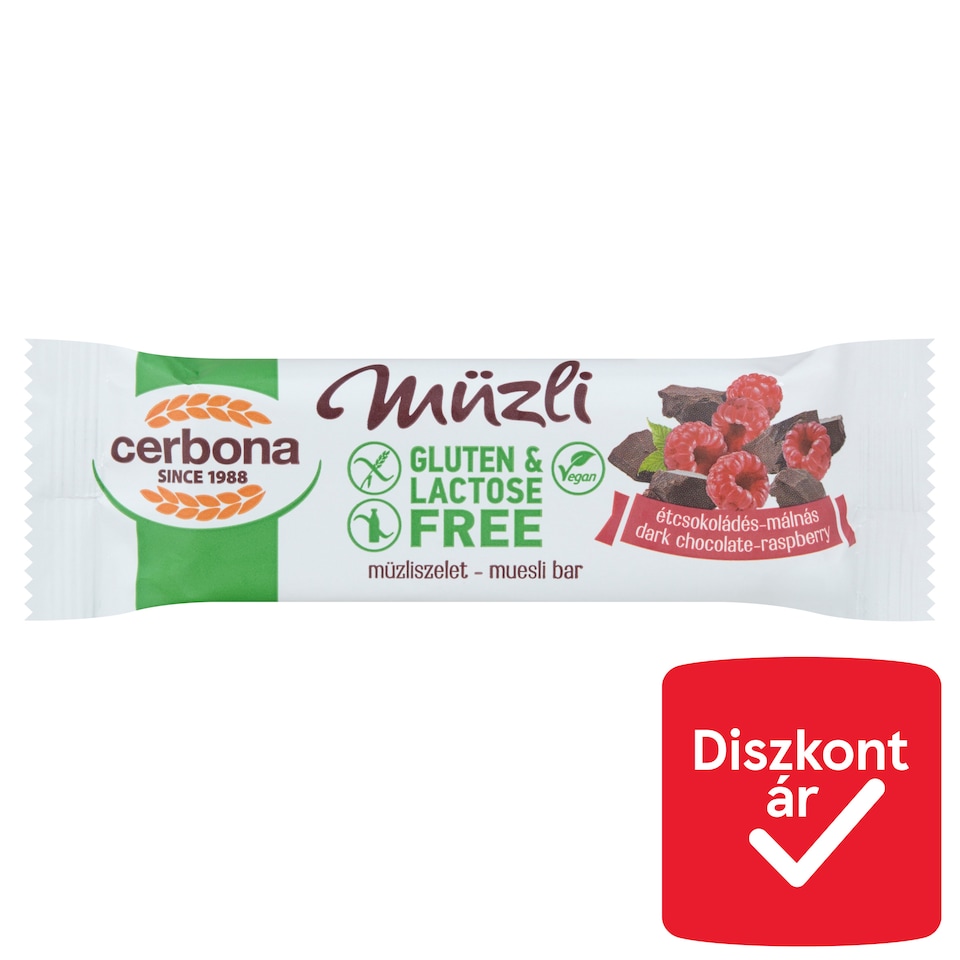 Cerbona gluténmentes, laktózmentes étcsokoládés-málnás müzliszelet kakaós bevonó talppal 35 g  1. kép