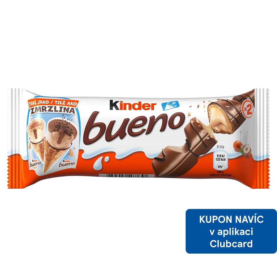 Kinder Bueno Oplatka s čokoládovou polevou a mléčnou lískooříškovou náplní 2 x 21,5g