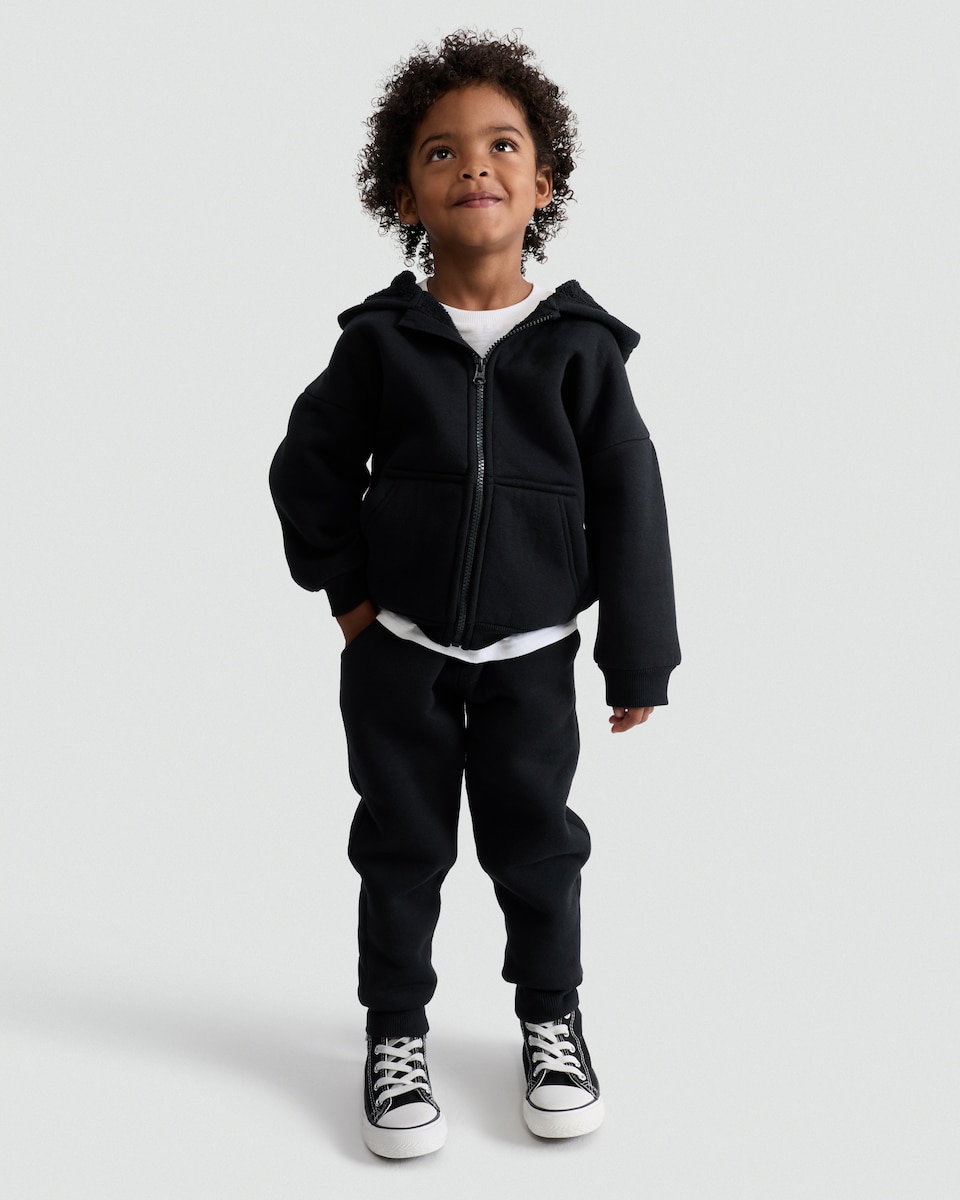 image 1 of F&F Boys Borg Lined Zip Up Hoodie in Black