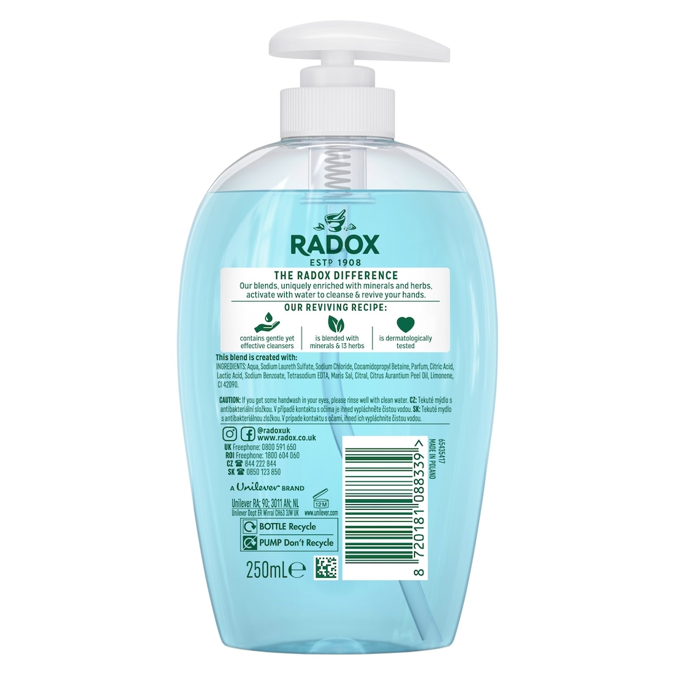image 1 of Radox Protect & Replenish Liquid Soap Antibacterial Handwash 250ml