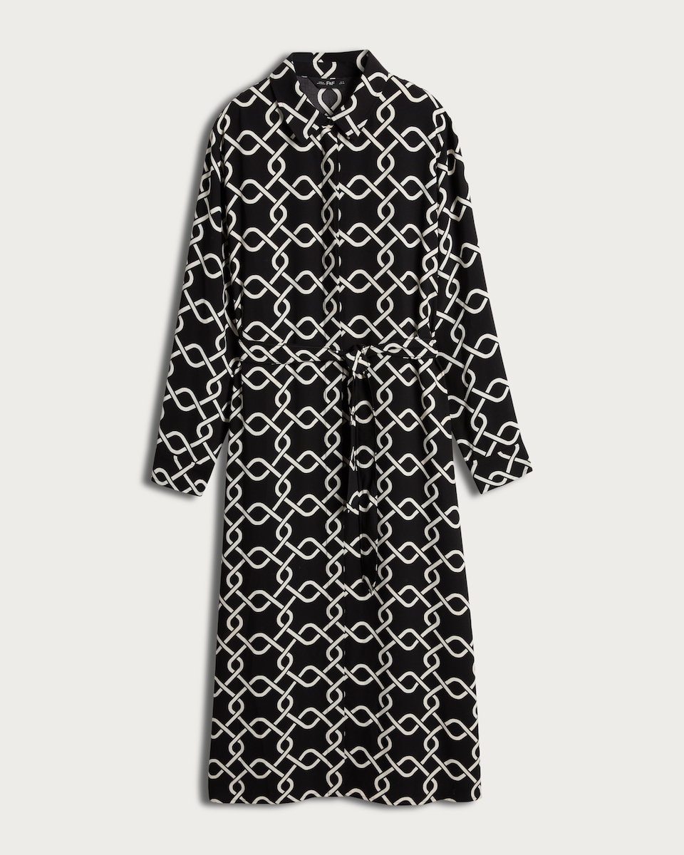 image 1 of F&F Chain Print Belted Midi Shirt Dress in Multi Black White