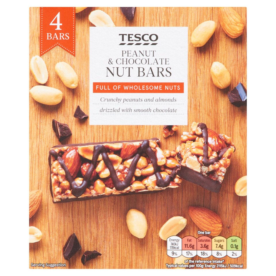 Tesco 4 Peanut & Chocolate Nut Bars 140G Tesco Groceries