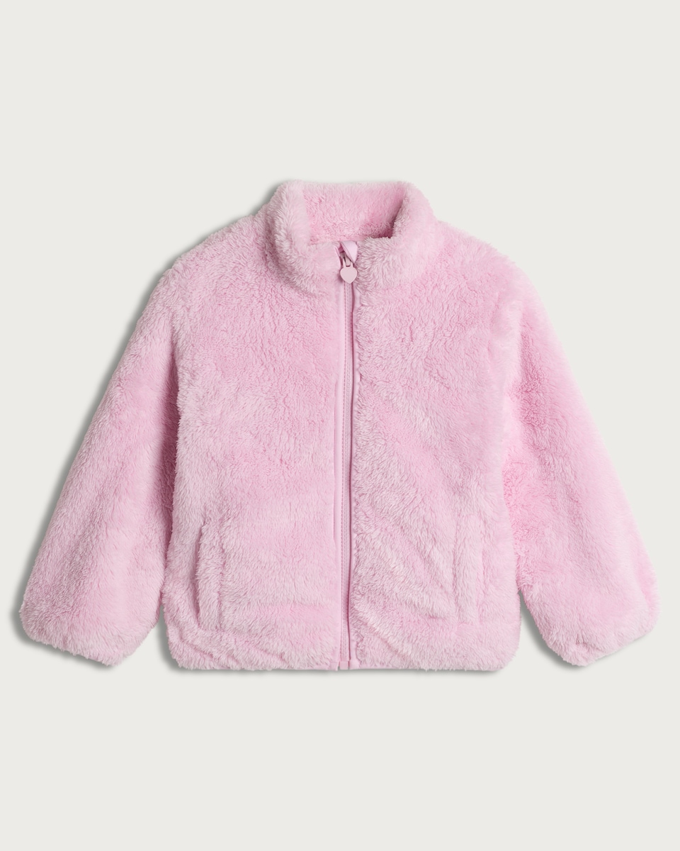 image 1 of F&F Girls Borg Textured Zip Up Jacket in Pink