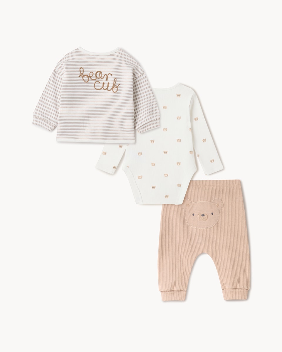 image 1 of F&F Baby 3-Piece Cotton Rich Printed Bear Set in Tan