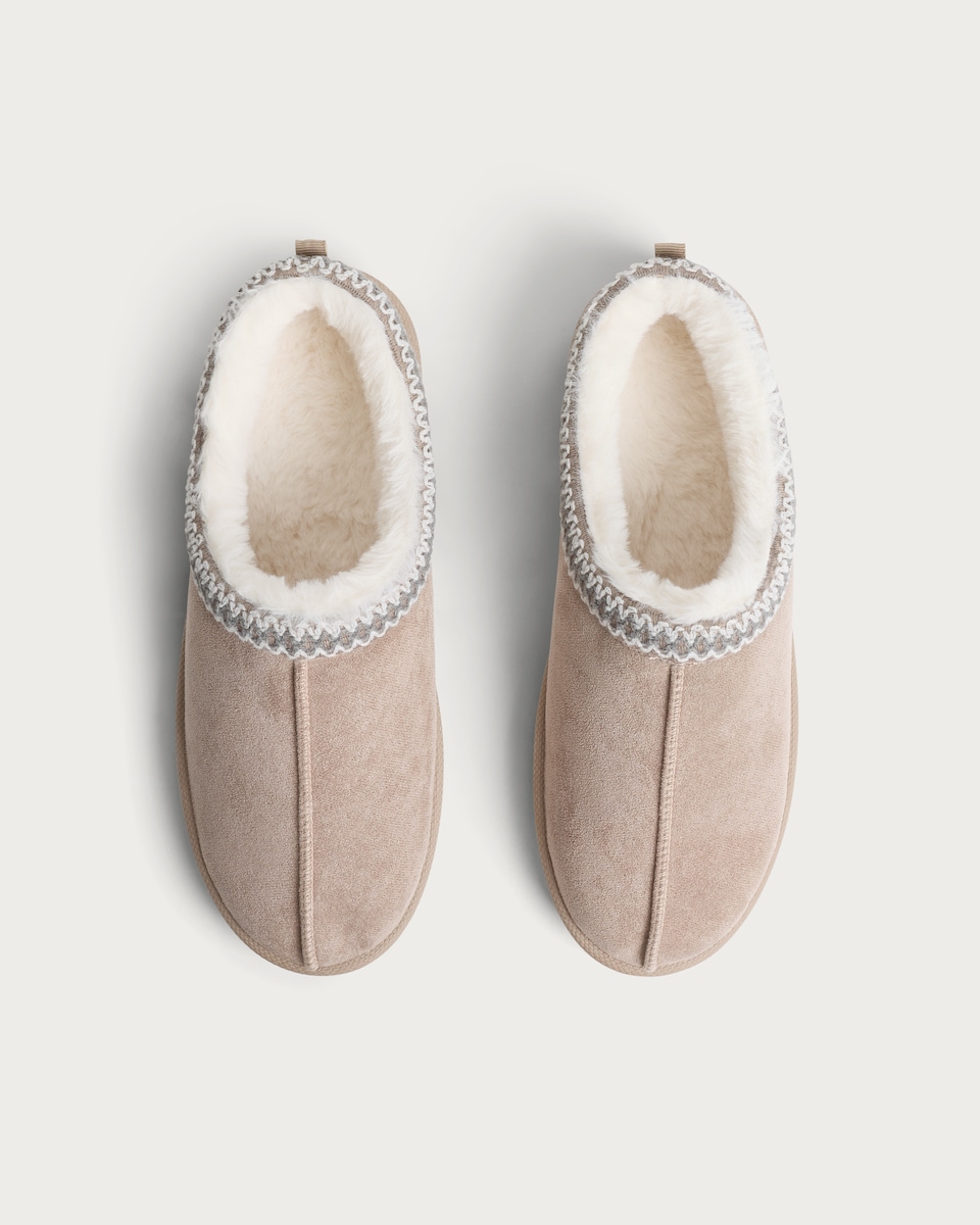 image 1 of F&F Faux Fur Lined Embroidered Mule Slippers in Beige