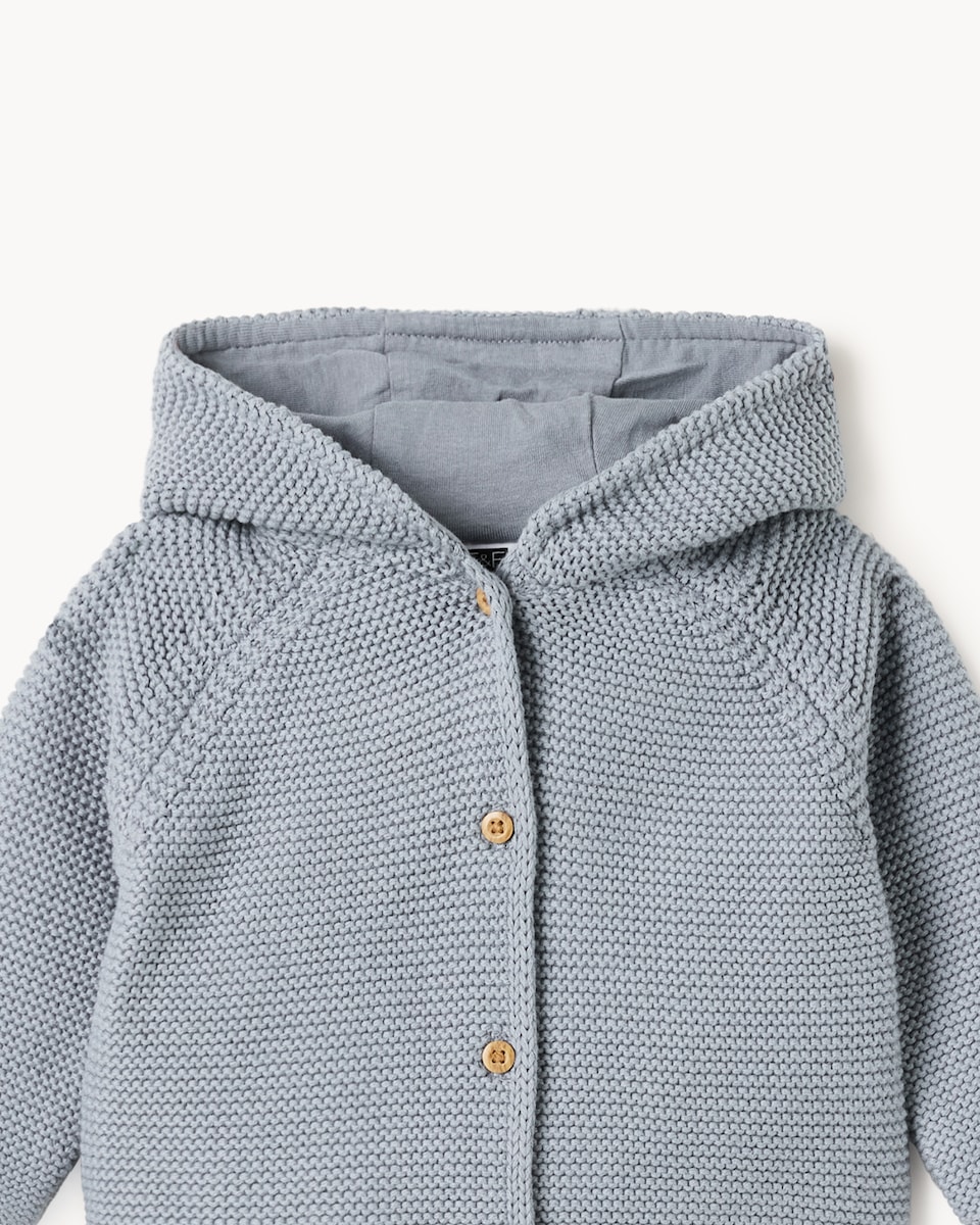 image 1 of F&F Baby Pure Cotton Knitted Hooded Cardigan in Blue