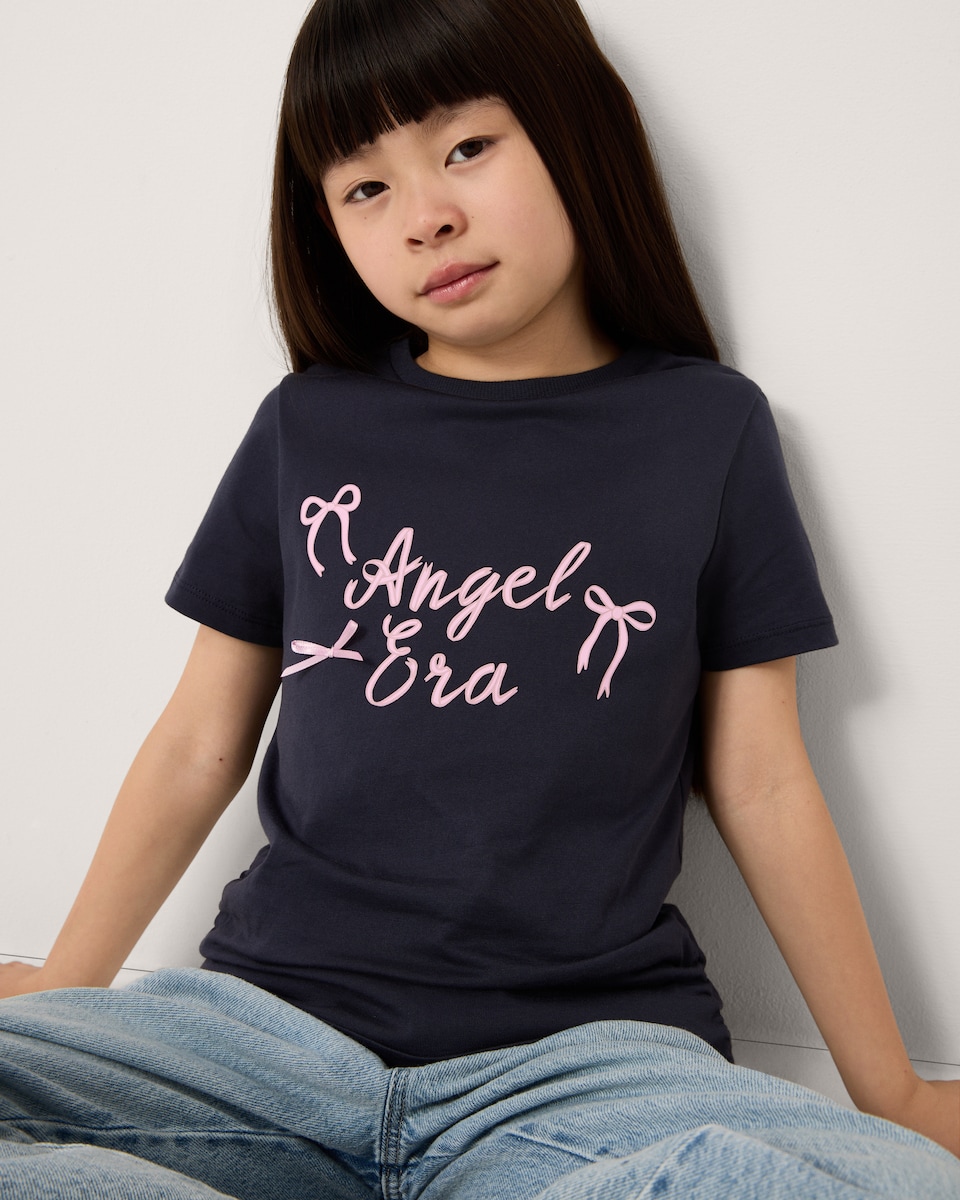 image 1 of F&F Girls Pure Cotton Angel T-Shirt in Navy