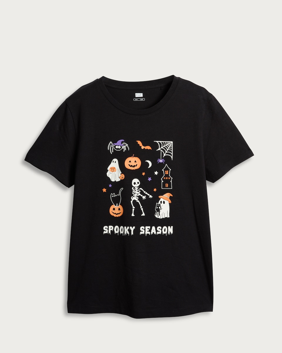 image 1 of F&F Pure Cotton Spooky Season Slogan T-Shirt in Black