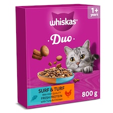 WHISKAS 1+ DUO Surf & Turf Dry Cat Food Biscuits 800g