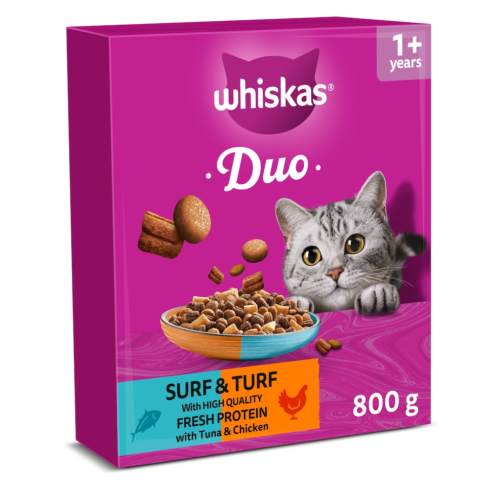 image 1 of WHISKAS 1+ DUO Surf & Turf Dry Cat Food Biscuits 800g