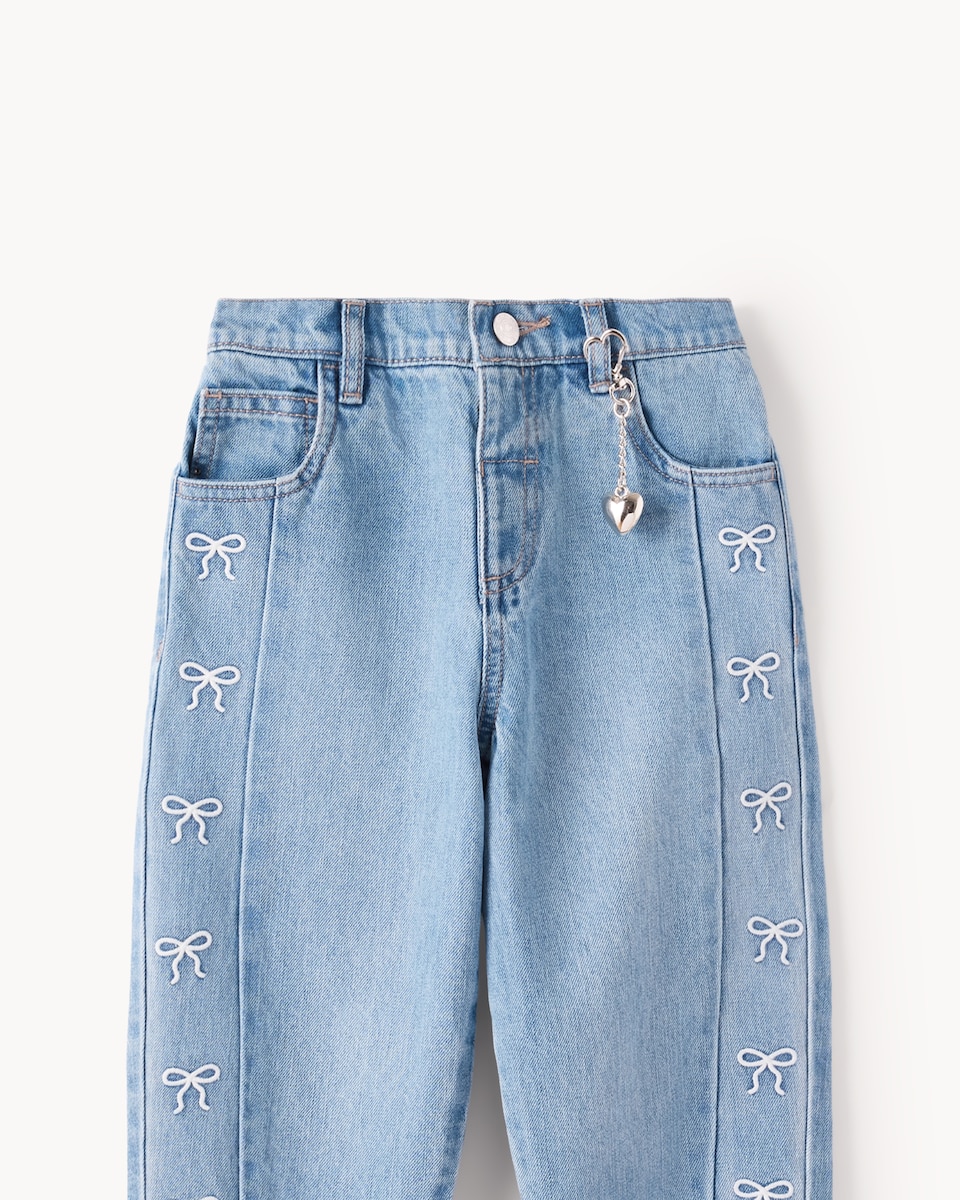 image 1 of F&F Girls Pure Cotton Embroidered Bow Barrel Leg Jeans in Blue