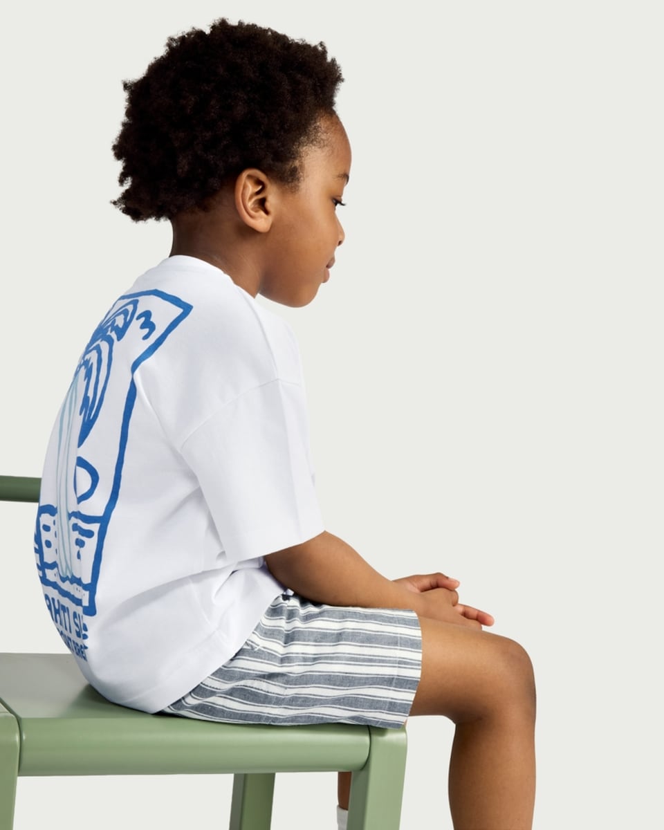image 1 of F&F Boys 2-Piece Pure Cotton Surf Slogan T-Shirt and Striped Shorts Set in Blue