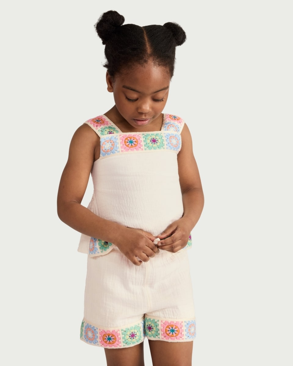 image 1 of F&F Girls 2-Piece Pure Cotton Crochet Trim Top and Shorts Set in Cream