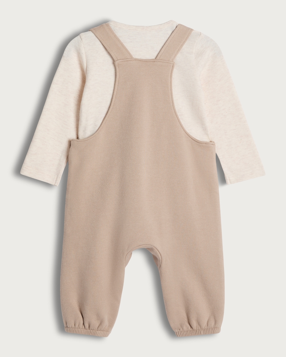 image 1 of F&F Baby 2-Piece Cotton Rich Bear Embroidered Dungaree and Bodysuit Set in Stone