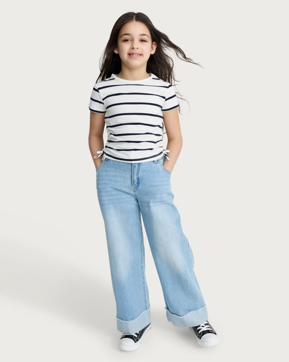 image 1 of F&F Girls Cotton Rich Striped Ruched Side T-Shirt in Cream