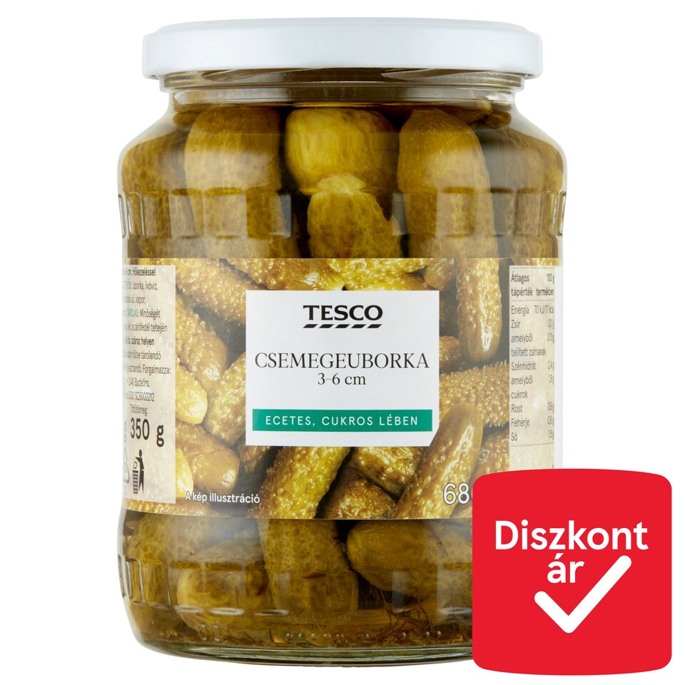Tesco csemegeuborka ecetes, cukros lében 3-6 cm 680 g