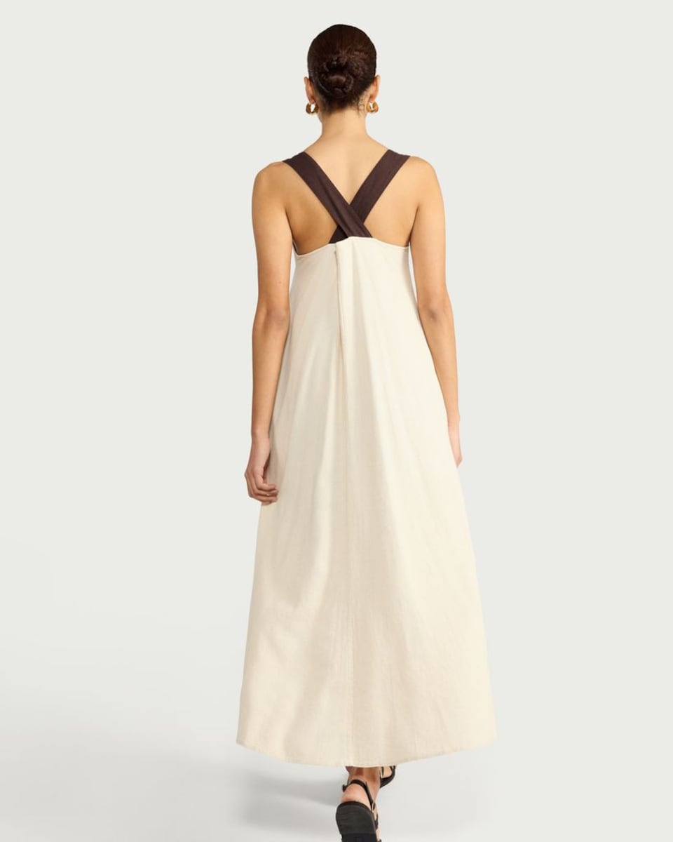 image 1 of F&F Contrast Panel Sleeveless Maxi Dress with Linen in Neutral