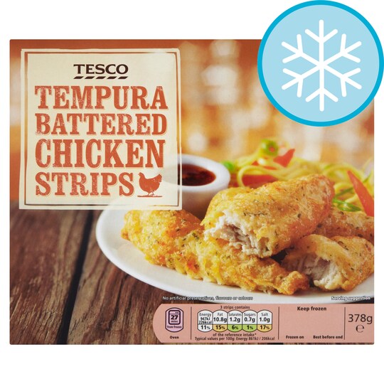 T. BATTERED TEMPURA CHICKEN STRIPS 378G Tesco Groceries