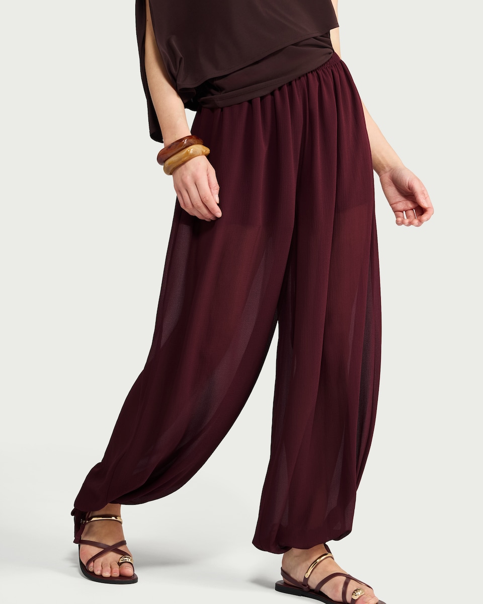 image 1 of F&F Sheer Balloon Leg Trousers in Burgundy