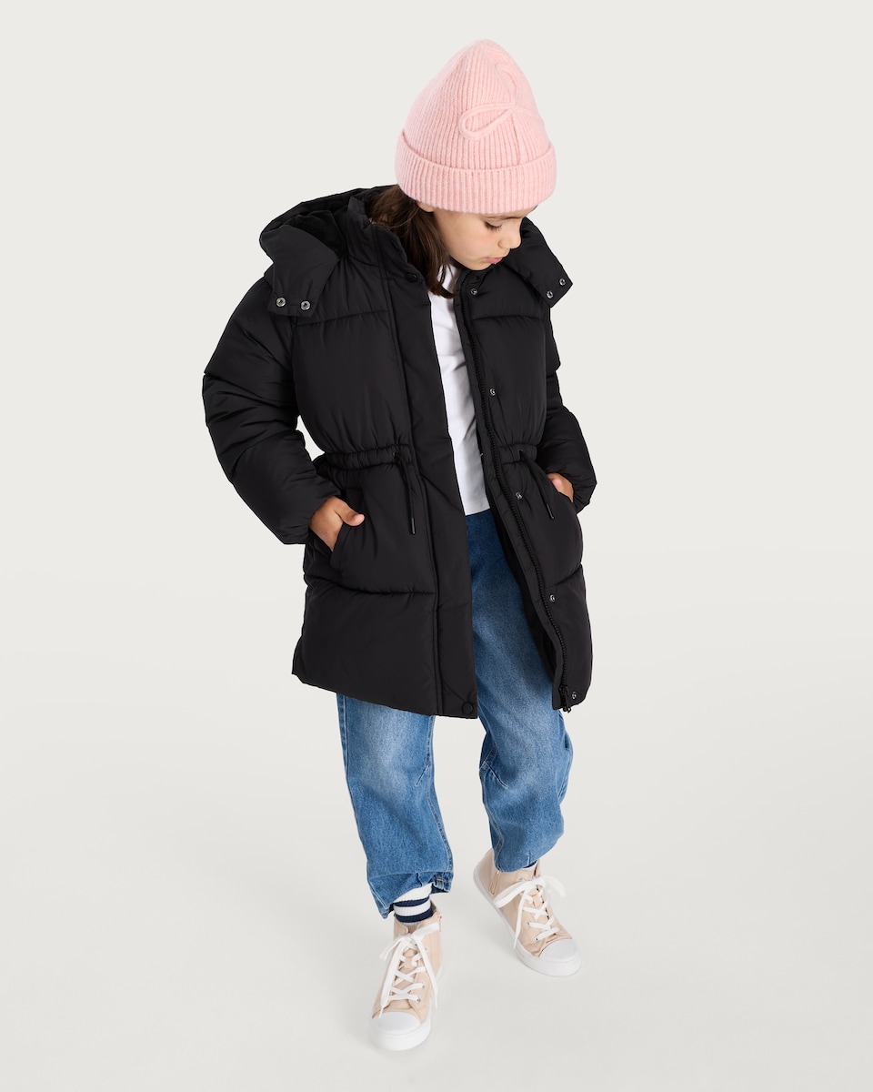 image 1 of F&F Girls Hooded Shower Resistant Puffer Coat in Black
