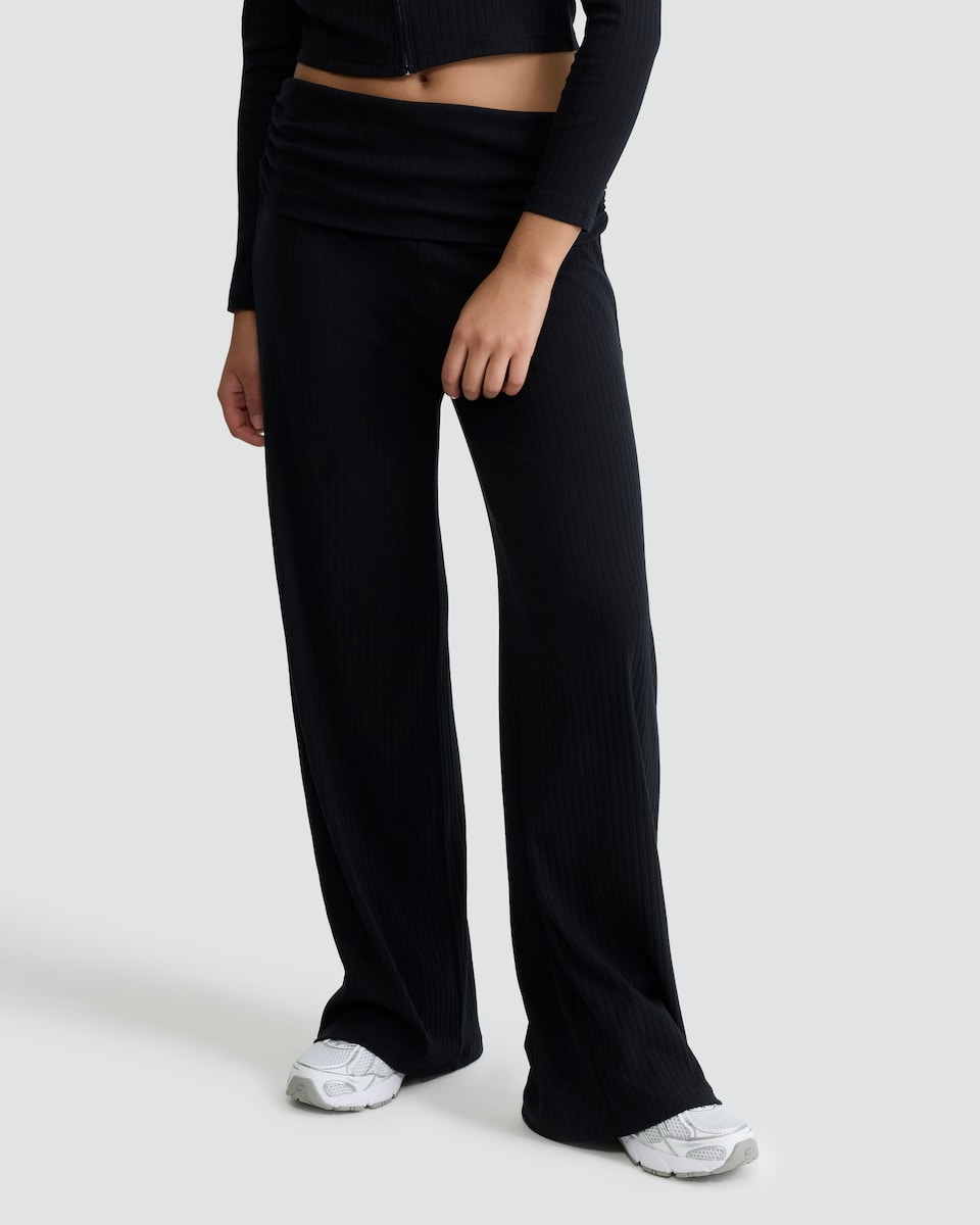 image 1 of OH ME OH MY Cotton Rich Ribbed Foldover Waist Co-ord Trousers in Black