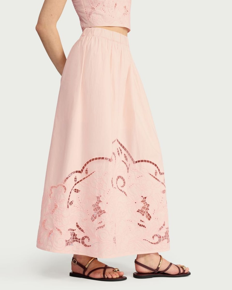 image 1 of F&F Pure Cotton Cutwork Co-ord Midi Skirt in Pink