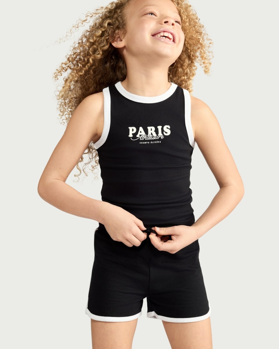 image 1 of F&F Girls Cotton Rich Contrast Trim Shorts in Black