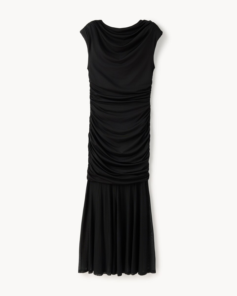 image 1 of F&F Mesh Cowl Neck Ruched Midi Dress in Black