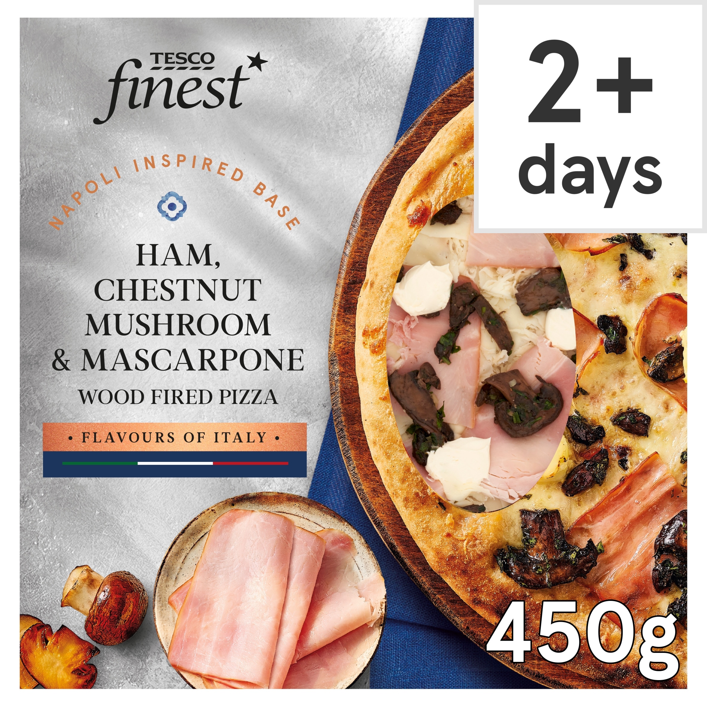 Tesco Finest Ham Mushroom Mascarpone Woodfired Pizza 450g