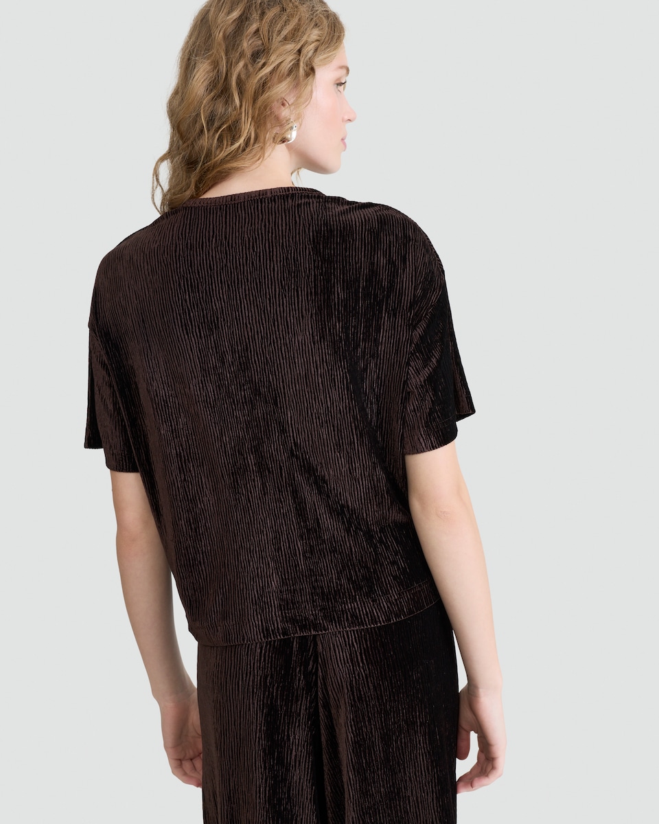 image 1 of F&F Velvet Textured Short Sleeved Co-ord Top in Brown