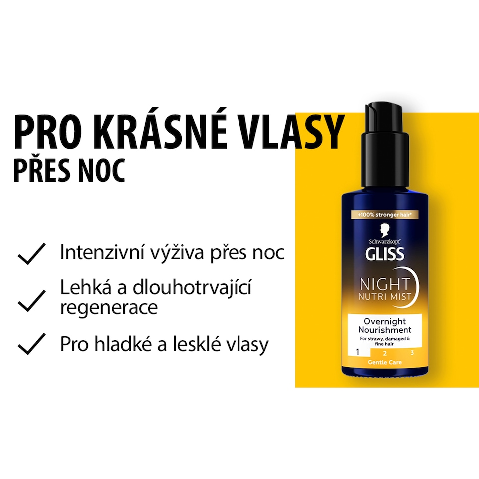 Obrázek 1 pro produkt Schwarzkopf Gliss Night Nutri Mist noční vyživující lehký sprej 100ml