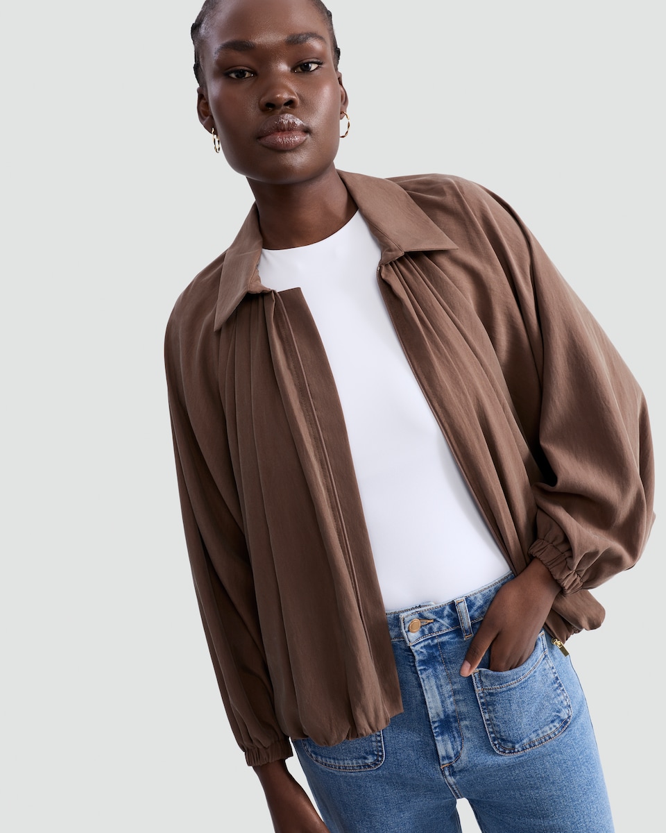image 1 of F&F Bubble Hem Zip Up Blouse in Brown