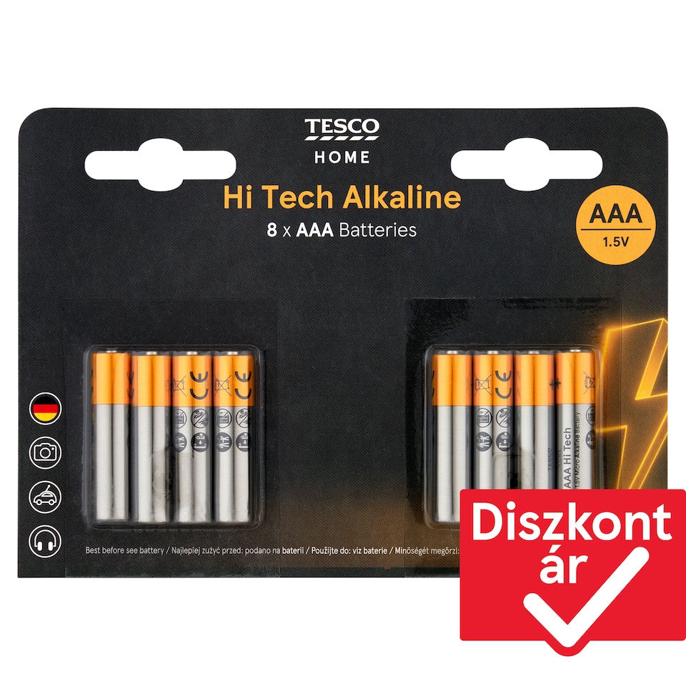 Tesco Home Hi Tech AAA LR03 1,5 V nagy teljesítményű alkáli elem 8 db