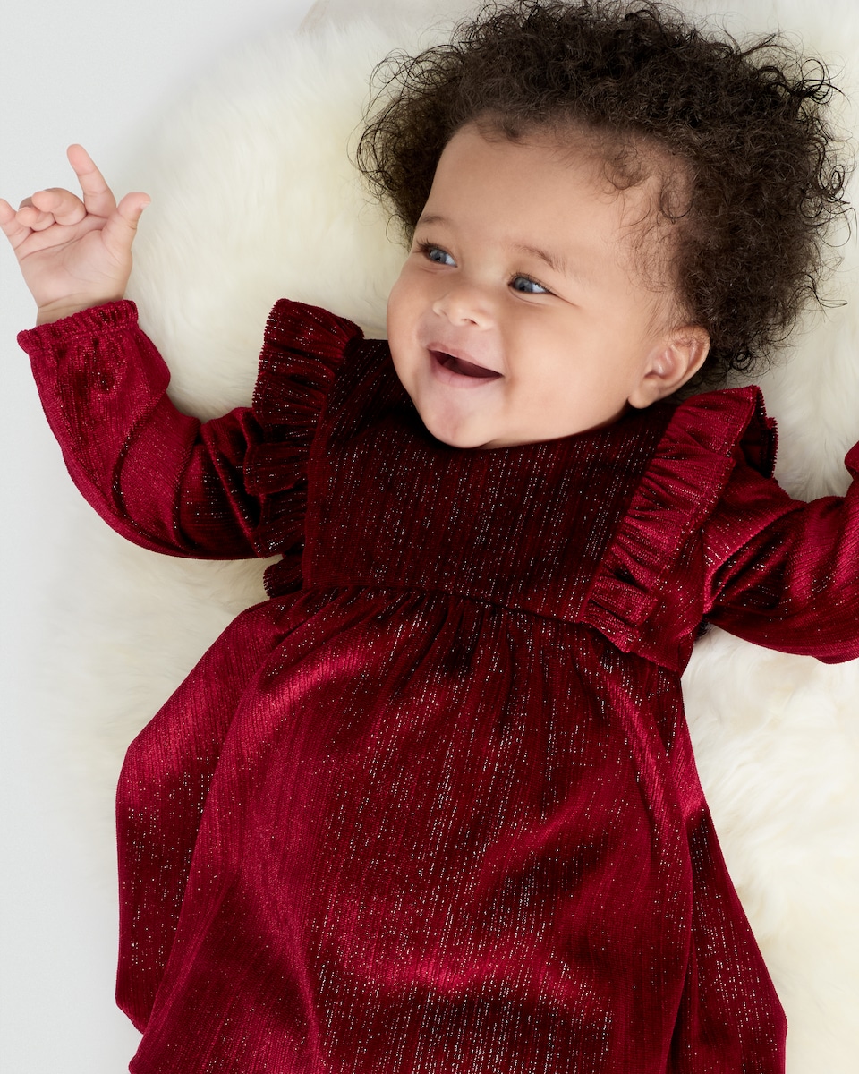image 1 of F&F Baby Lurex Velvet Ruffle Trim Dress in Red