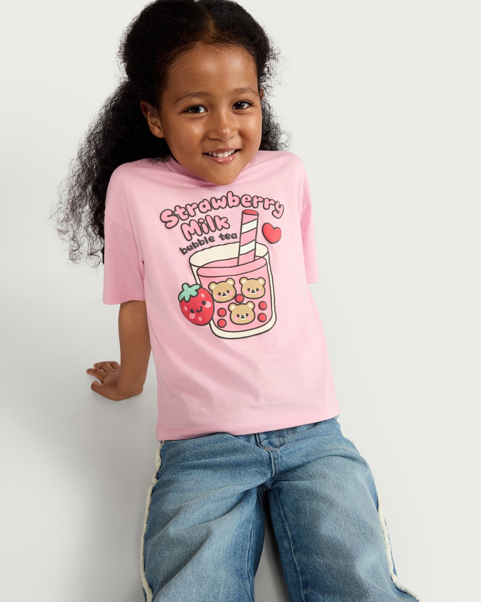image 1 of F&F Girls Pure Cotton Bubble Tea T-Shirt in Pink