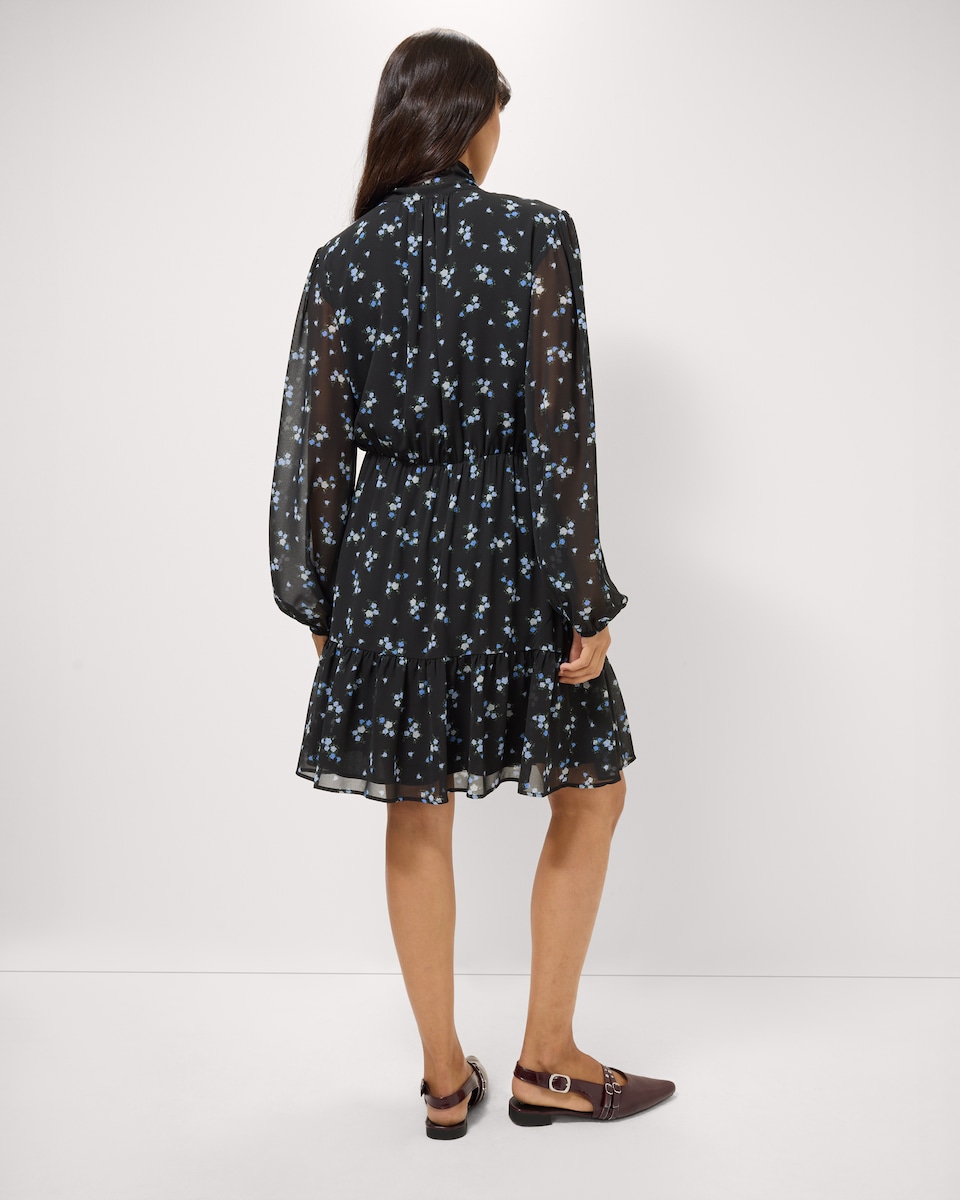 image 1 of F&F Ditsy Floral Tie Neck Mini Dress in Multi Black