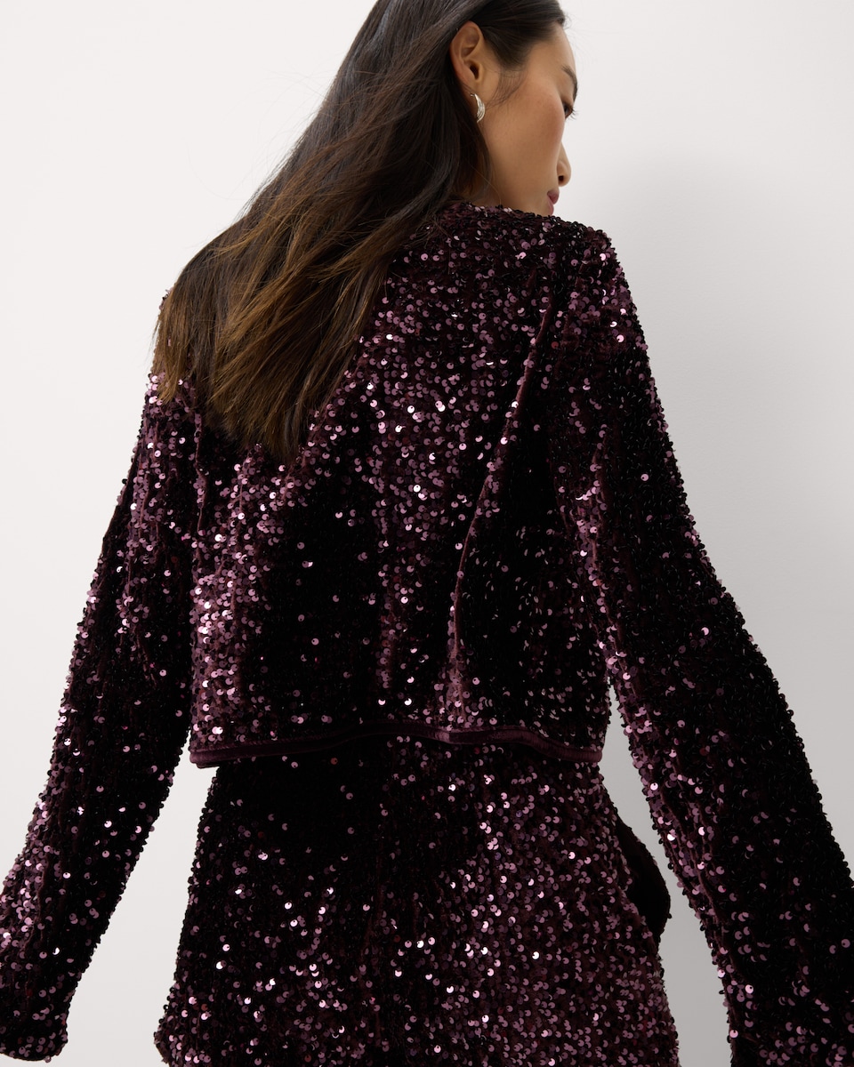 image 1 of F&F Velvet Sequin Jacket in Burgundy