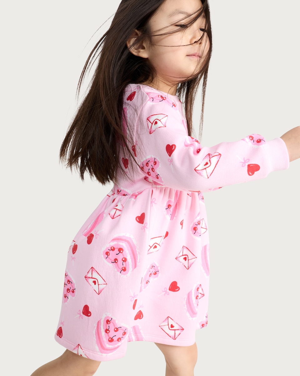 image 1 of F&F Girls Cotton Rich Heart and Cake Print Long Sleeved Sweater Dress in Pink